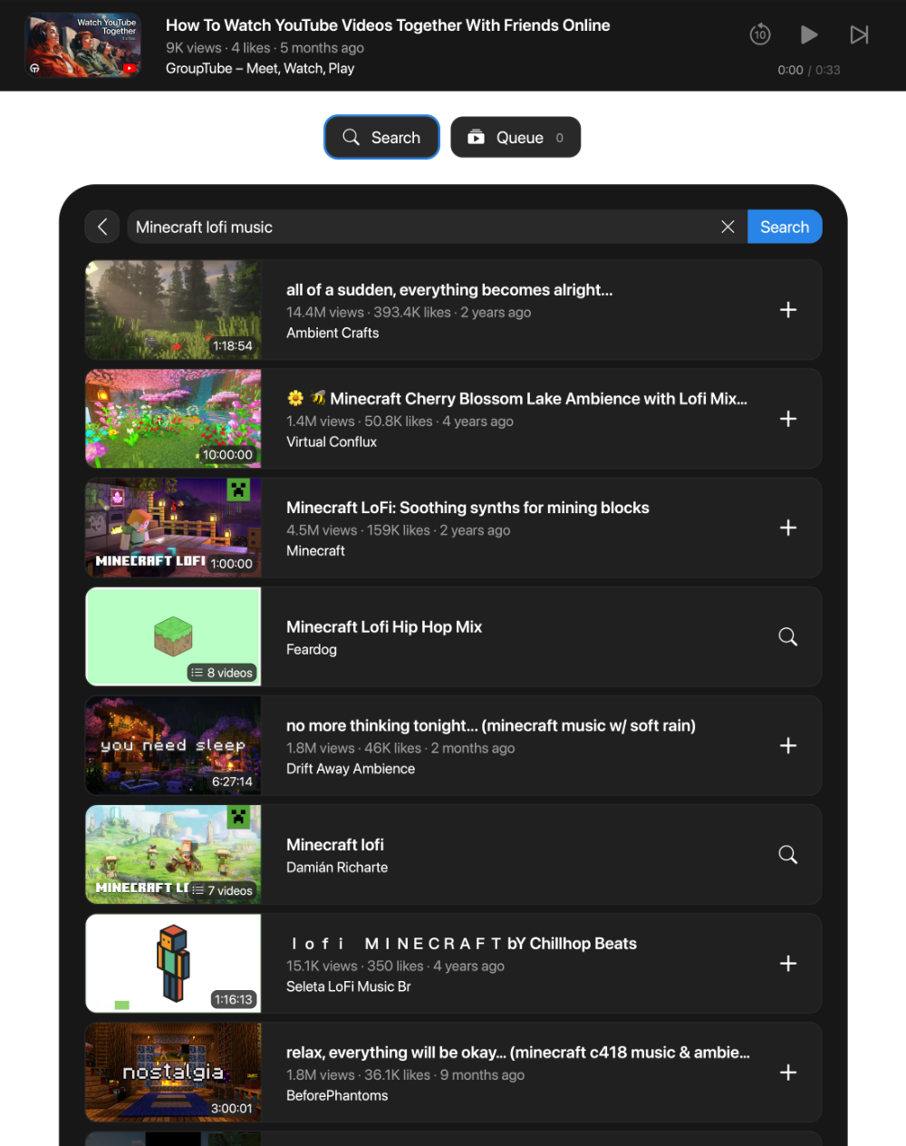Search and Queue YouTube Videos